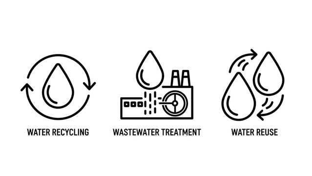 Water recycling wastewater treatment water reuse icons for sustainable management and environmental conservation with eco friendly line art recycling wastewater treatment sustainability resource
