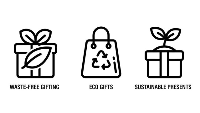 Waste-free gifting eco-friendly presents sustainable consumerism icons with shopping bag gift box zero waste line art earth day climate change environmental protection sustainable presents