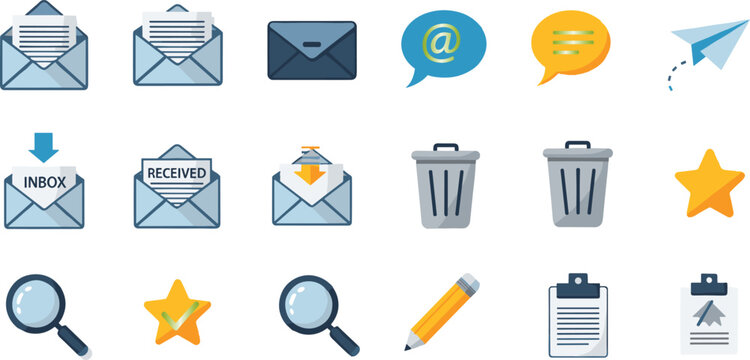 Email Communication and User Interface Icons Set with Inbox Message Search Delete and Send