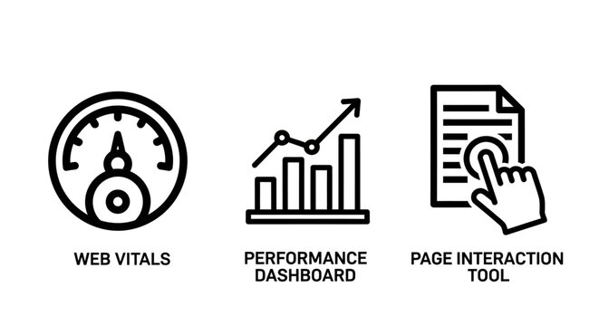 Web vitals performance dashboard page interaction tool icons for website analytics and optimization with line art web design performance dashboard interaction analytics optimization measurement