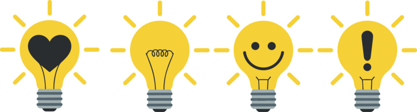 Creative light bulb vector icon set with heart smiley face and exclamation mark symbols representing innovation and ideas