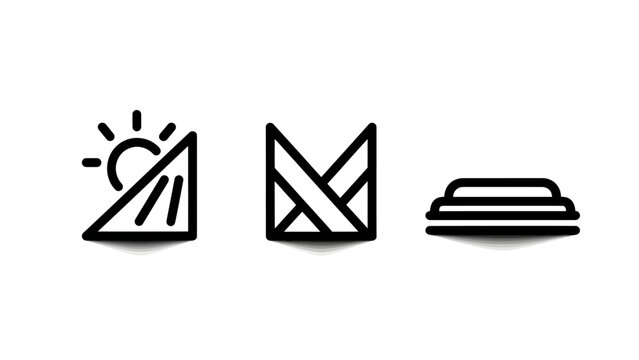 Set of three abstract outline icons with shadows: mountain sun geometric 'm' shape layered platform abstract icon line art graphic element letter m design element digital art logo element