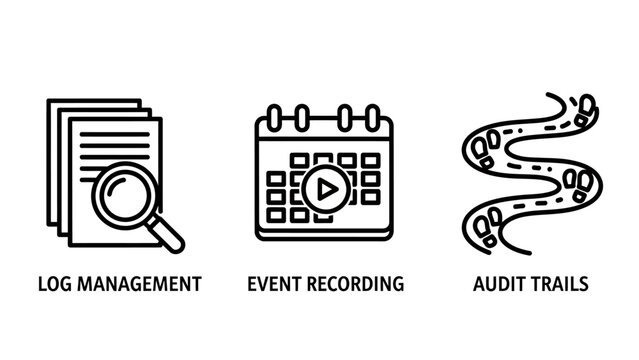 Log management event recording audit trails icons representing data security tracking processes with record keeping system logs activity log digital footprint data integrity network security