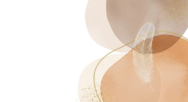 Abstract watercolor background featuring boho organic shapes in neutral shades of brown and beige, with elegant gold glitter specks, sand, wash, splash