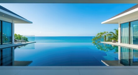 Fototapeta premium An elegant contemporary villa showcases a seamless infinity pool reflecting the blue sky while overlooking a vast, peaceful tropical ocean, turquoise, ocean, sunshine