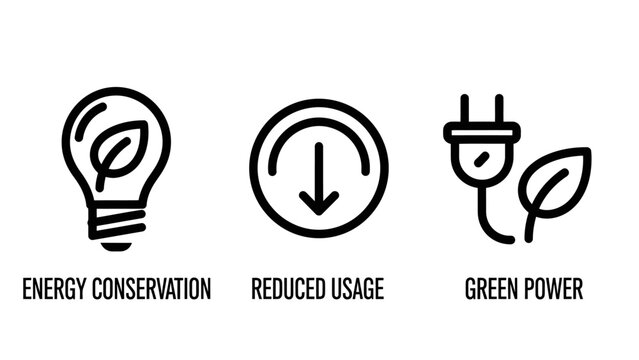 Energy conservation reduced usage green power icons for sustainable living and environmental protection with down arrow carbon footprint conservation sustainable environment friendly electricity