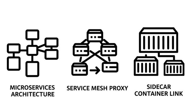 Software development architecture icons illustrating microservices service mesh proxy and sidecar containers with technology software architecture microservices container computing connection