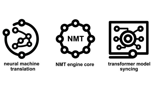 Icons representing neural machine translation nmt engine core and transformer model syncing technology with translation technology transformer artificial intelligence algorithm processing