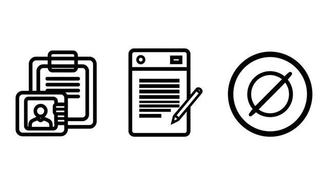 Administrative and business management icons for document control digital signature and id verification with identity verification clipboard document signature forbidden business administration