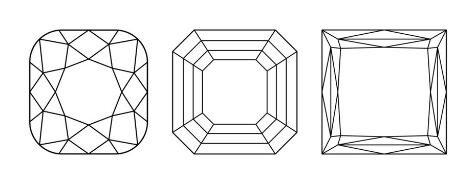 Asscher, Princess, Cushion angular diamond cut shapes. Gemstone outline icons for jewellery design, branding, packaging, logo. Asscher, Princess, Cushion angular brilliant cut pattern. Design diagram.