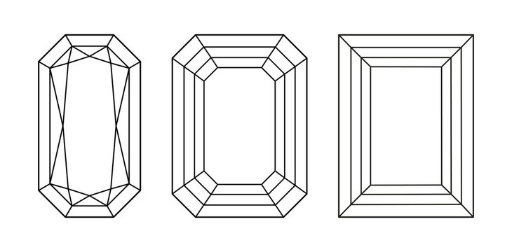 Diamond Radiant, Emerald, Baguette cut shape. Diamonds top view. Gemstone outline icon for jewellery design, branding, packaging, logo. Radiant, Emerald, Baguette brilliant cut pattern.