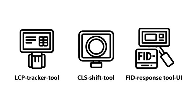 Web performance optimization technical icons for largest contentful paint lcp tracker cumulative layout shift cls shift and first input delay fid response monitoring metrics with performance, response