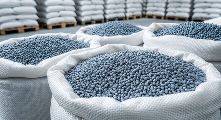 Fototapeta premium Close-up of gray plastic pellets in open industrial sacks within a warehouse featuring rows of stacked pallets of raw manufacturing material, warehouse, wholesale, chain