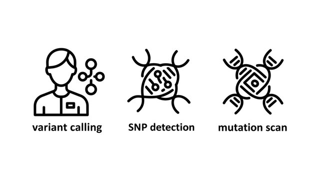 Genetic analysis icons representing variant calling snp detection mutation scan for biotechnology research genomic science laboratory testing applications with detection mutation laboratory
