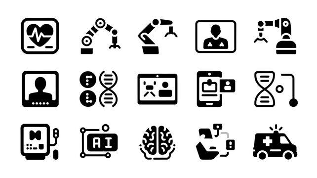 Black vector icons, technology and business symbols, AI and medical signs, communication and data analysis