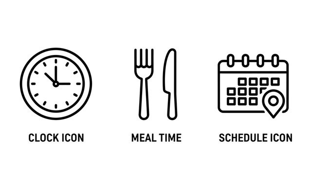 Set of scheduling and time management icons including a clock cutlery and a calendar schedule management planning appointment deadline organization reminder tracking business