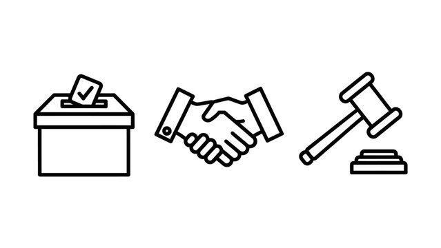 Legal and election process concept line art icons with election handshake agreement politics government democracy partnership business contract decision cooperation judgment authority