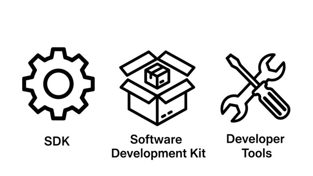 Software development kit and developer tools icons with software development programming engineering technical application computer interface technology production solution maintenance