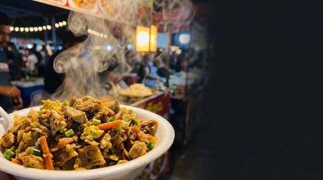 Steaming hot Sri Lankan chicken kottu roti street food with copy space