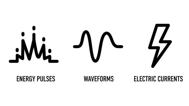 Collection of science and physics icons featuring energy pulses waveforms electric current symbols waveform electricity frequency electronics technology electrical vibration transmission