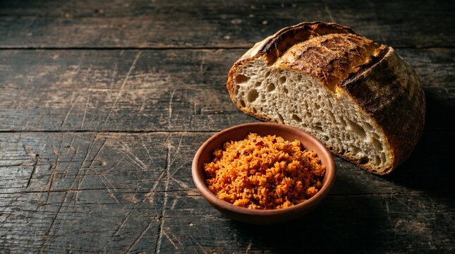 Rustic Sri Lankan roast paan bread with spicy pol sambol and copy space