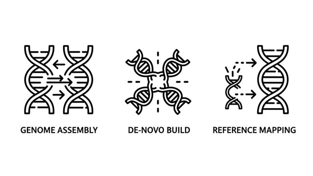 Dna and genome research icon set illustrating genome assembly de novo build and reference mapping with genetics research assembly molecule laboratory sequence structure analysis scientific
