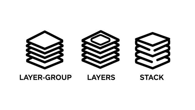Set of graphic design layer stack and grouping icons in simple outline style with software interface organization computer illustration minimalist management structure collection creative