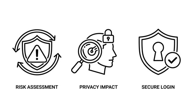 Collection of cyber security icons representing risk assessment privacy impact secure login verification assessment security magnifying authentication protection verification software