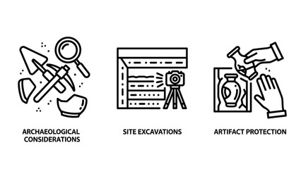 Fototapeta premium Archaeological excavation and artifact conservation outline icons with archaeology excavation artifact protection heritage research preservation historical scientific investigation discovery