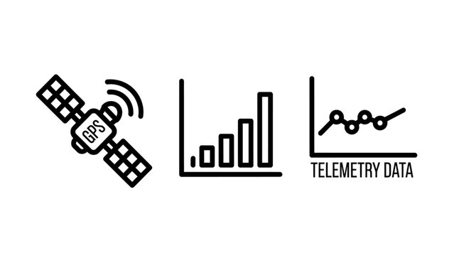 Satellite telemetry data and signal chart icons with satellite telemetry communication technology analysis connection information monitoring tracking frequency statistics research wireless