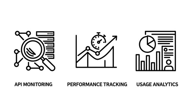 Data monitoring and analytics set of outline icons with monitoring performance tracking analytics business software analysis development information statistics management interface