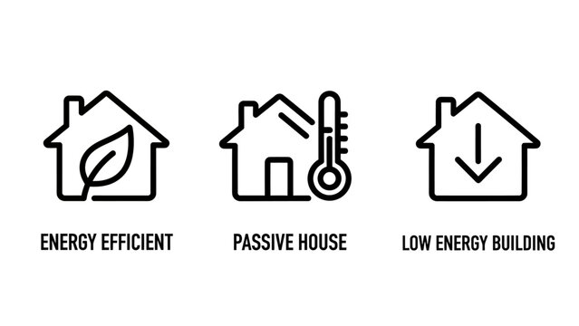 Energy efficiency and passive house sustainable building icon set with efficient building sustainability insulation architecture construction environment temperature residential development