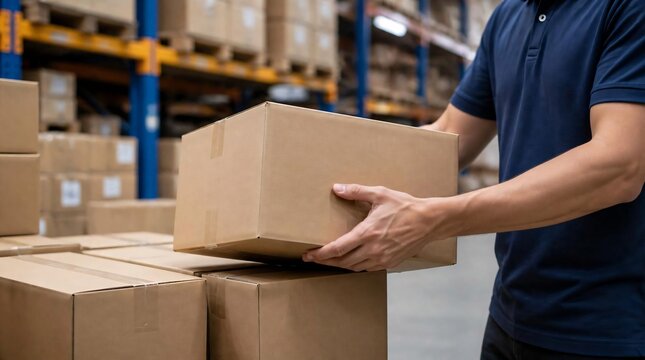 A logistics worker hand lifts a sealed cardboard box from a pile of boxes in a bright warehouse environment.