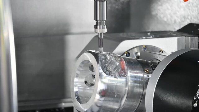 Industrial slow motion footage of a 5-axis CNC milling machine finishing a complex hole using the simultaneous cutting method.