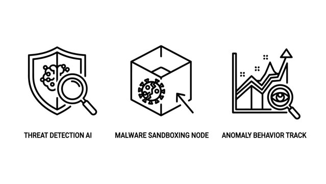 Cybersecurity and network monitoring icons showing threat detection malware analysis anomaly tracking with security detection behavior analysis protection intelligence monitoring tracking