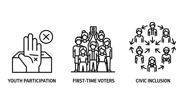 Civic engagement and youth voting participation icons with participation inclusion election democracy community citizenship activism politics diversity involvement engagement activist