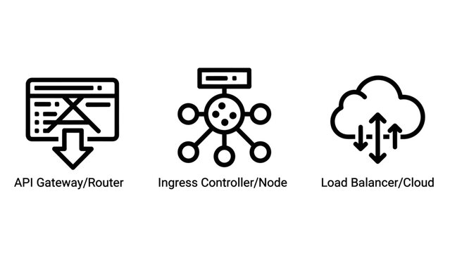 Technical network api gateway ingress controller and load balancer cloud infrastructure icons with back end infrastructure computing technology software controller connectivity internet