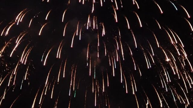 Firework Burst in Night Sky Displaying Bright Sparkle