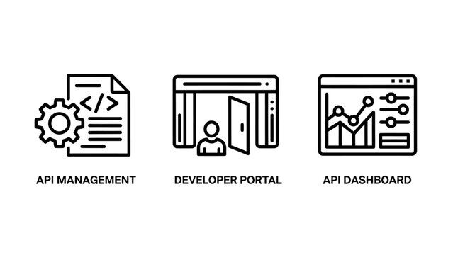 Api management developer portal and digital dashboard monitoring development interface icons with back end management developer dashboard software development interface programming monitoring