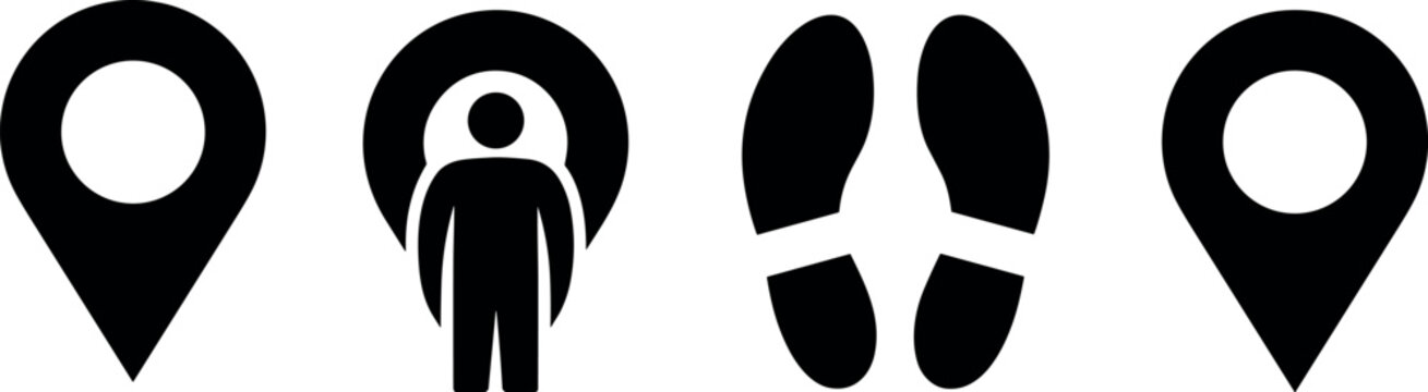 Map pin location icons with person silhouette and footprint symbols for travel navigation tracking position finding and local place marker design isolated on white background vector illustration
