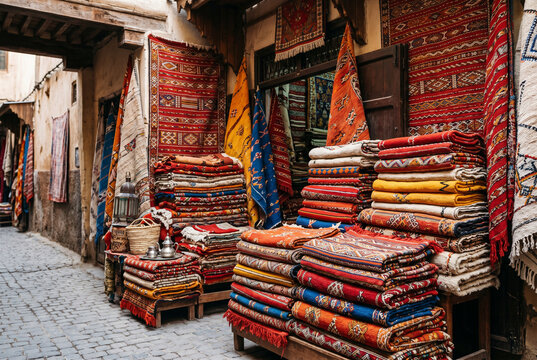 Stacks of colorful handwoven Berber rugs and Moroccan textiles in Fez souk stall