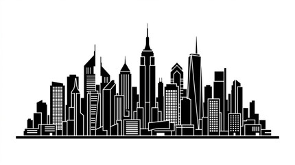 Fototapeta premium Black and white city skyline silhouette vector illustration of urban skyscrapers and downtown cityscape