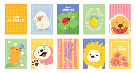 Fototapeta premium summer party poster decorate with lemon, leaves, lobster, wine, cheese, tomato, crab, shell in line art. Design for card, greeting card, cover, poster.