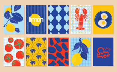 Fototapeta premium summer party poster decorate with lemon, leaves, lobster, wine, cheese, tomato, crab, shell in line art. Design for card, greeting card, cover, poster.