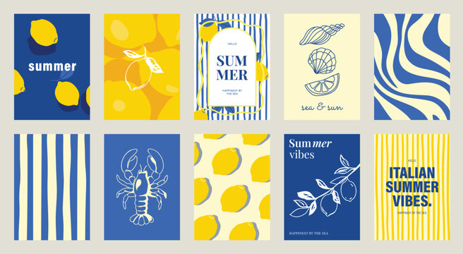 summer party  poster decorate with lemon, leaves, lobster, wine, cheese, tomato, crab, shell in line art. Design for card, greeting card, cover, poster.