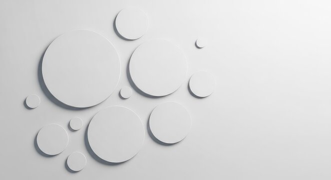 Sfondo astratto minimalista con cerchi bianchi tridimensionali in rilievo su superficie chiara, ideale per un design moderno ed elegante, plastica, lusso, forme