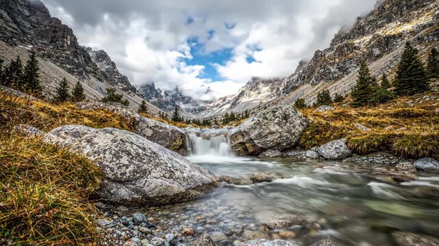 A serene mountain stream with a small waterfall surrounded by large rocks and trees on a cloudy day in a rugged landscape
