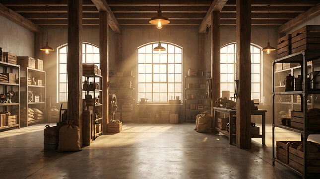 Vintage industrial workshop interior featuring wooden beams and large windows with bright natural morning sunlight streaming