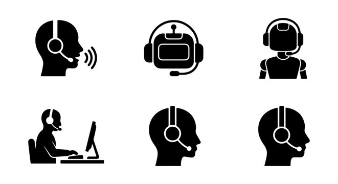 Customer Service Icons, Support Headset Silhouettes, Communication Symbols, Call Center Vector Graphics