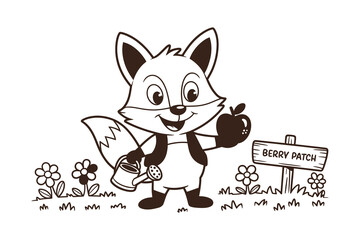 Obraz premium A cartoon fox holding a watering can in a berry patch with flowers